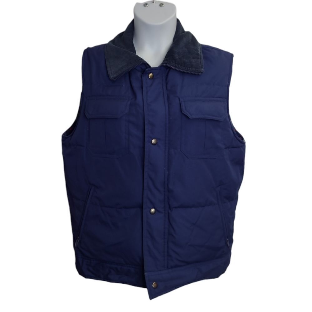 VINTAGE 70s navy blue‎ down filled wool lined snap button gorpcore vest M